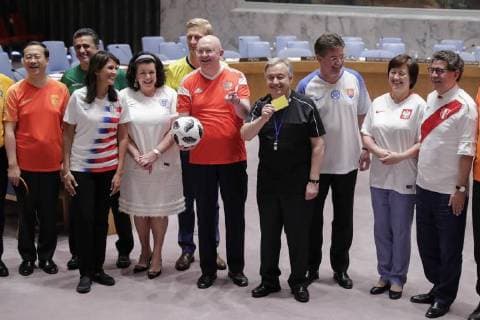 June 14, 2018 - New York, United States - United Nations, New York, USA, June 14 2018 - Security Council members, wearing the jerseys of their national teams, gathered in the chamber today to mark the opening of this year s FIFA World Cup today at the UN Headquarters in New York City. .Secretary-General Antonio Guterres and Miroslav Lajcak President of the seventy-second session of the General Assembly, pose for a group photo with Council members, including Vassily Nebenzia, Permanent Representative of the Russian Federation to the United Nations and President of the Security Council for the month of June. New York United States  - ZUMAn230 20180614_zaa_n230_1040 Copyright: xLuizxRampelottox