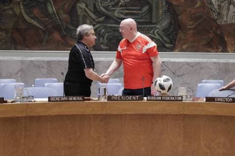 June 14, 2018 - New York, United States - United Nations, New York, USA, June 14 2018 - Security Council members, wearing the jerseys of their national teams, gathered in the chamber today to mark the opening of this year s FIFA World Cup today at the UN Headquarters in New York City. .Secretary-General Antonio Guterres pose for a group photo with Council members, including Vassily Nebenzia, Permanent Representative of the Russian Federation to the United Nations and President of the Security Council for the month of June. New York United States  - ZUMAn230 20180614_zaa_n230_1041 Copyright: xLuizxRampelottox