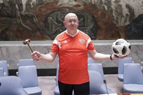 June 14, 2018 - New York, United States - United Nations, New York, USA, June 14 2018 - Security Council members, wearing the jerseys of their national teams, gathered in the chamber today to mark the opening of this year s FIFA World Cup today at the UN Headquarters in New York City. .Vassily Nebenzia, Permanent Representative of the Russian Federation to the United Nations and President of the Security Council for the month of June pose for a group photo. New York United States  - ZUMAn230 20180614_zaa_n230_1045 Copyright: xLuizxRampelottox