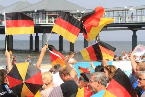 View on Sunday 17 06 2018 in Heringsdorf Landkreis Vorpommern Greifswald Usedom Island on the football beach during the public viewing during the World Cup in Russia and the match Germany Mexico