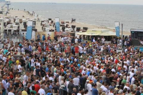 View on Sunday 17 06 2018 in Heringsdorf Landkreis Vorpommern Greifswald Usedom Island on the football beach during the public viewing during the World Cup in Russia and the match Germany Mexico