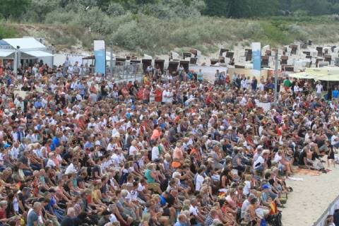 View on Sunday 17 06 2018 in Heringsdorf Landkreis Vorpommern Greifswald Usedom Island on the football beach during the public viewing during the World Cup in Russia and the match Germany Mexico