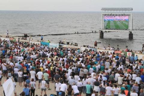 View on Sunday 17 06 2018 in Heringsdorf Landkreis Vorpommern Greifswald Usedom Island on the football beach during the public viewing during the World Cup in Russia and the match Germany Mexico