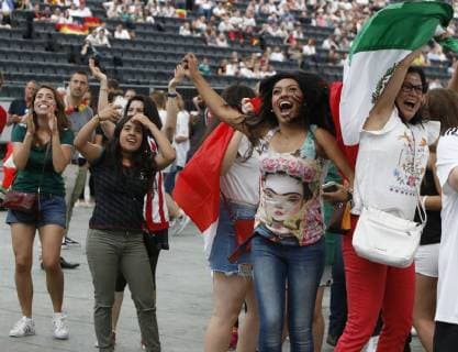Germany: Fans watch Mexico beat Germany Mexican fans celebrate the first goal of Mexico. 15,000 fans came to the Commerzbank Arena in Frankfurt, to watch Mexico beat Germany by 1 goal to nil in the first Group F game in the group stage of the 2018 FIFA Soccer World Cup in Russia in Moscow. Frankfurt Hesse Germany Commerzbank-Arena  MichaelxDebets