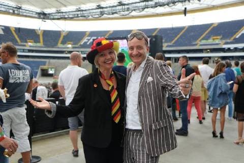 7 06 2018 Frankfurt am Main Commerzbankarena Public viewing World Cup 2018 Germany vs. Mexico Fans Flags Trolls Massanzugschneider Stephan Görner with girlfriend Nicole Ruppel