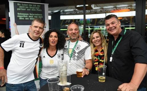 7 06 2018 Frankfurt am Main Commerzbankarena Public viewing World Cup 2018 Germany vs. Mexico Fans Flags Trolls Massanzugschneider Stephan Görner with girlfriend Nicole Ruppel