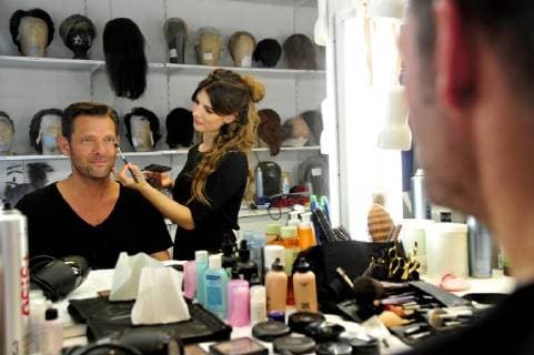 The music video shoot of singer Detlef Malinkewitz on Monday 18 06 2018 at the Staatstheater in Saarbrücken In the picture singer Detlef Malinkewitz is made up by make up artist Miriam Regitz for the video shoot bub