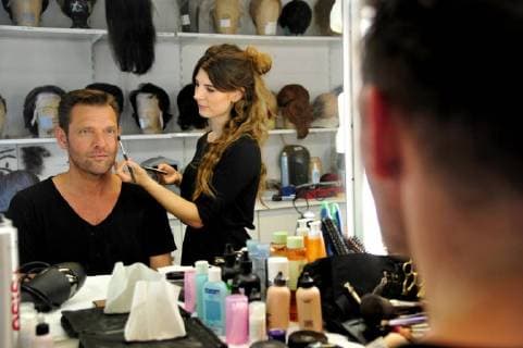 The music video shoot of singer Detlef Malinkewitz on Monday 18 06 2018 at the Staatstheater in Saarbrücken In the picture singer Detlef Malinkewitz is made up by make up artist Miriam Regitz for the video shoot bub