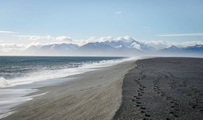 Black sand beach with trails lava beach snowy mountains Hvalnes Nature Reserve South Iceland Iceland Europe Copyright: imageBROKER/MoritzxWolf ibxmmw04696154.jpg