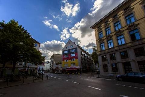 A giant Germany flag with a size of about 100 square meters hangs on the occasion of the Football World Cup 2018 in Russia on a house facade in Cologne Huge Germany flag