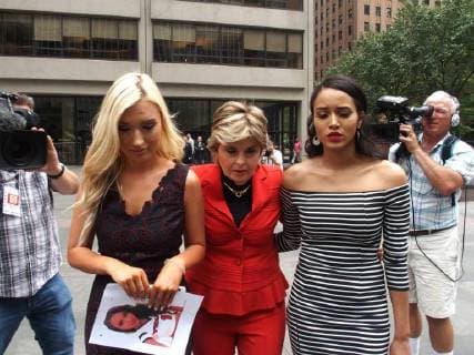 June 22, 2018 - New York, New York, U.S. - Former Houston Texans Cheerleader Angelina Rosa sues the National Football League(NFL). Lawyer Gloria Allred holds a press conference in front of NFL Headquarters in New York City.Gloria Allred (right), Angelina Rosa (middle) Hannah Turnbow .(left) New York U.S. - ZUMAct2_ 20180622_zaf_ct2_137 Copyright: xBrucexCotlerx
