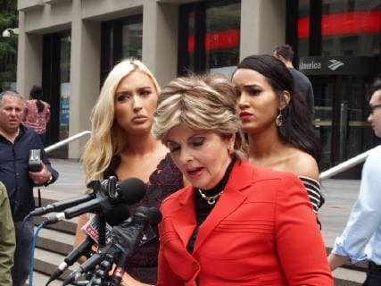 June 22, 2018 - New York, New York, U.S. - Former Houston Texans Cheerleader Angelina Rosa sues the National Football League(NFL). Lawyer Gloria Allred holds a press conference in front of NFL Headquarters in New York City.Gloria Allred (right), Angelina Rosa (middle) Hannah Turnbow .(left) New York U.S. - ZUMAct2_ 20180622_zaf_ct2_124 Copyright: xBrucexCotlerx