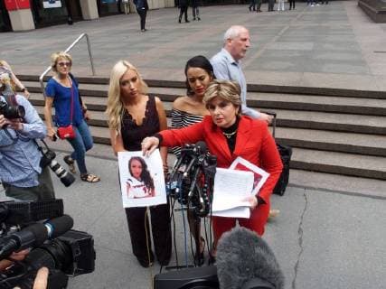 June 22, 2018 - New York, New York, U.S. - Former Houston Texans Cheerleader Angelina Rosa sues the National Football League(NFL). Lawyer Gloria Allred holds a press conference in front of NFL Headquarters in New York City.Gloria Allred (right), Angelina Rosa (middle) Hannah Turnbow .(left) New York U.S. - ZUMAct2_ 20180622_zaf_ct2_112 Copyright: xBrucexCotlerx