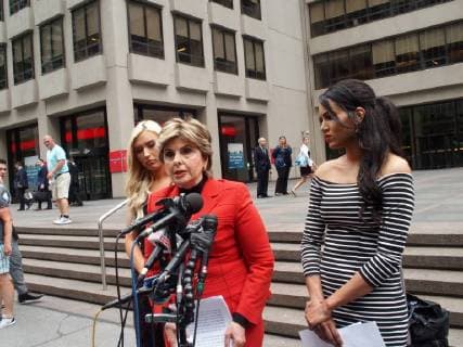 June 22, 2018 - New York, New York, U.S. - Former Houston Texans Cheerleader Angelina Rosa sues the National Football League(NFL). Lawyer Gloria Allred holds a press conference in front of NFL Headquarters in New York City.Gloria Allred (right), Angelina Rosa (middle) Hannah Turnbow .(left) New York U.S. - ZUMAct2_ 20180622_zaf_ct2_086 Copyright: xBrucexCotlerx