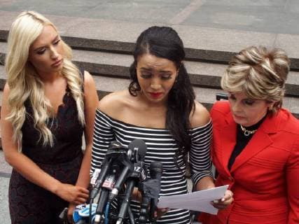 June 22, 2018 - New York, New York, U.S. - Former Houston Texans Cheerleader Angelina Rosa sues the National Football League(NFL). Lawyer Gloria Allred holds a press conference in front of NFL Headquarters in New York City.Gloria Allred (right), Angelina Rosa (middle) Hannah Turnbow .(left) New York U.S. - ZUMAct2_ 20180622_zaf_ct2_095 Copyright: xBrucexCotlerx