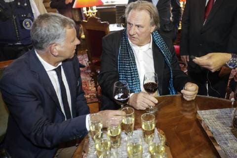 Brussels alderman Alain Courtois and French actor Gerard Depardieu pictured at the Town Hall before a ceremony to honnour French actor Gerard Depardieu, at the Palace, part of the Brussels International Film Festival (Briff), Monday 25 June 2018 in Brussels.  THIERRYxROGE 05370947