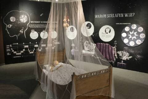 Thema Menschlicher Schlaf in der Sonderausstellung Das Gehirn - Intelligenz, Bewusstsein, Gefuehl im LWL-Museum für Naturkunde, Muenster, 26.06.18. Das LWL-Naturkundemuseum in Muenster erkundet ab Freitag (29.06.18) in einer grossen Themenschau die anatomische Vielfalt und Leistungskraft des Gehirns. Auf einer Ausstellungsflaeche von 1.200 Quadratmetern werden 770 Objekte gezeigt. Unterteilt in 13 Themenbereiche sollen die Exponate Aufschluss geben ueber das komplexe Organ, das Handlungen bestimmt, die Persoenlichkeit formt und fuer die Gefuehle verantwortlich ist. Wertvollstes Exponat sind zwei Scheiben aus dem Gehirn von Albert Einstein (1879-1955). Der US-Pathologe Thomas Harvey hatte nach dem Tod des Nobelpreistraegers und Begruenders der Relativitaetstheorie gegen dessen Willen das Gehirn des Wissenschaftlers entnommen, konservi Copyright: epd-bild FriedrichxStark EDITORIAL USE ONLY