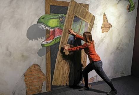 Eine Besucherin an einer dreidimensionalen optischen Taeuschung in der Sonderausstellung Das Gehirn - Intelligenz, Bewusstsein, Gefuehl im LWL-Museum für Naturkunde, Muenster, 26.06.18. Das LWL-Naturkundemuseum in Muenster erkundet ab Freitag (29.06.18) in einer grossen Themenschau die anatomische Vielfalt und Leistungskraft des Gehirns. Auf einer Ausstellungsflaeche von 1.200 Quadratmetern werden 770 Objekte gezeigt. Unterteilt in 13 Themenbereiche sollen die Exponate Aufschluss geben ueber das komplexe Organ, das Handlungen bestimmt, die Persoenlichkeit formt und fuer die Gefuehle verantwortlich ist. Wertvollstes Exponat sind zwei Scheiben aus dem Gehirn von Albert Einstein (1879-1955). Der US-Pathologe Thomas Harvey hatte nach dem Tod des Nobelpreistraegers und Begruenders der Relativitaetstheorie gegen dessen Willen das Gehirn des W Copyright: epd-bild FriedrichxStark EDITORIAL USE ONLY