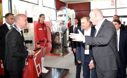 June 28, 2018. - Russia, Moscow. - Russian President Vladimir Putin and FIFA President Gianni Infantino (right) visit the themed 2018 FIFA World Cup Football Park on Red Square. KremlinxPool 