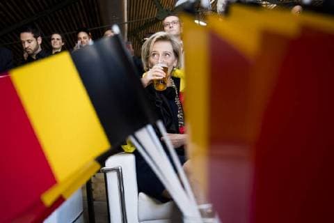 Princess Astrid of Belgium drinks a beer during a screening of the soccer game between Belgian national soccer team the Red Devils and England at the World Cup, on the fourth day of a Belgian Economic mission, Thursday 28 June 2018 in Montevideo, Uruguay. Several federal and regional ministers accompany the princess on a week-long economic mission to Argentina and Uruguay.  LAURIExDIEFFEMBACQ 05374060