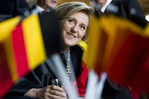 Princess Astrid of Belgium pictured during a screening of the soccer game between Belgian national soccer team the Red Devils and England at the World Cup, on the fourth day of a Belgian Economic mission, Thursday 28 June 2018 in Montevideo, Uruguay. Several federal and regional ministers accompany the princess on a week-long economic mission to Argentina and Uruguay.  LAURIExDIEFFEMBACQ 05374066