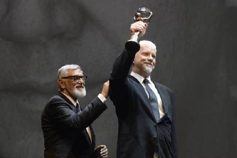 American actor and director Tim Robbins, right, receives a Crystal Globe Award for Outstanding Artistic Contribution to World Cinema from Festival President Jiri Bartoska during the 53d International Film Festival in Karlovy Vary (KVIFF), Czech Republic, on June 29, 2018. (CTKxPhoto KaterinaxSulova) CTKPhotoP201806290986301  _SUK9764