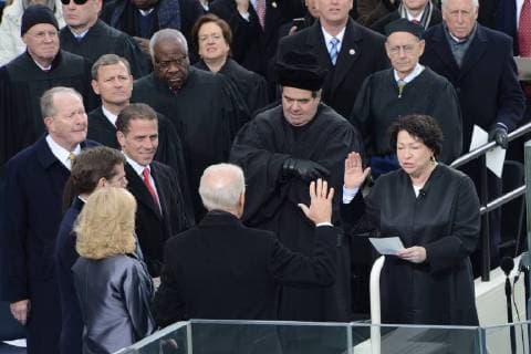 Jan. 21, 2013 - Washington, District of Columbia, U.S. - 1 21 13- The U.S. Capitol- Washington DC..President Barack Obama is sworn in for his second term as President of the United States...Supreme Court Justice Anthony Scalia looks on as Justice Sonia Sotomayor swears in Vice President Joe Biden.. photo: - ImageCatcher News Washington U.S. - ZUMAbw2_ 20130121_zaf_bw2_004 Copyright: xChristyxBowex