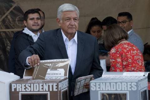 July 1, 2018 - Mexico, Ciudad De Mexico, MEXICO - Presidential candidate Andres Manuel Lopez Obrador, of the MORENA party, casts his vote during general elections in Mexico City, Mexico, Sunday, July 1, 2018. Voters will choose a new president and make decisions on more than 18,000 other posts including a new Congress, several governorships and municipal seats, according to the Mexican Election Institute Mexico MEXICO - ZUMAp124 20180701_zaa_p124_005 Copyright: xAntonioxNavax
