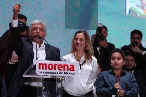 July 2, 2018 - EUM20180702POL05.JPG.CIUDAD DE MEXICO.- Election Elecciones-AMLO.- Andres Manuel Lopez Obrador, virtual ganador a la presidencia de la Republica, durante su mensaje ante simpatizantes en la explanada del zocalo capitalino, la noche del domingo 1 de julio de 2018. Foto: Agencia EL UNIVERSAL Carlos Mejia RCC.  - ZUMAu78_ 20180702_zaf_u78_009 Copyright: xCarlosxMejia ElxUniversalx