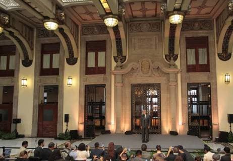 Mexican President-elect Andrés Manuel Lopez Obrador addresses the media at the Treasury Hall of the National Palace, in Mexico City, Mexico, 03 July 2018. Obrador assured that the Government transition will be orderly and peaceful after holding a meeting with Current President Enrique Pena Nieto. Lopez Obrador assures orderly and peaceful transition after meeting Pena Nieto !ACHTUNG: NUR REDAKTIONELLE NUTZUNG!  Copyright: xMarioxGuzmanx MEX04 20180703-636662509273180638