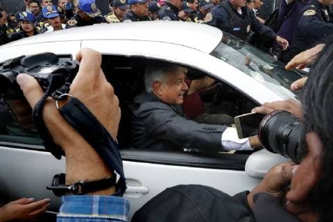 The future President of Mexico Andres Manuel Lopez Obrador is escorted by police on his way out of the National Palace, after meeting with the current President Enrique Pena Nieto, in Mexico City, Mexico, 03 July 2018. Obrador confirmed today that he will renounce official security, the residence of Los Pinos and the presidential plane, keeping his campaign promises. Lopez Obrador renounces security, official residence and plane !ACHTUNG: NUR REDAKTIONELLE NUTZUNG!  Copyright: xJorgexNúnezx MEX33 20180703-636662530251652494