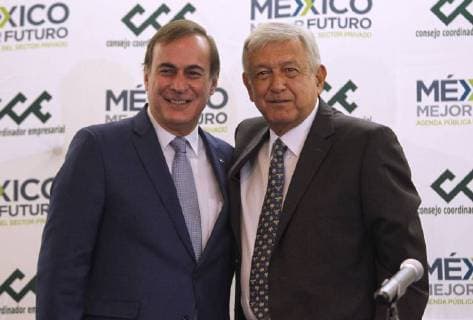 Mexico s President-elect, proggressive Andres Manuel Lopez Obrador (R), meets President of the Business Coordination Council Juan Pablo Castanon (L), in Mexio City, Mexico, 04 July 2018. Obrador remarked the mutual confidence achieved after the meeting that will guarantee a harmonious transformation in the country. Lopez Obrador remarks mutual confidence with bussinessmen after meeting !ACHTUNG: NUR REDAKTIONELLE NUTZUNG!  Copyright: xSashenkaxGutierrezx MEX01 20180704-636663315107927151