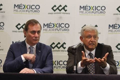 Mexico s President-elect, proggressive Andres Manuel Lopez Obrador (R), meets President of the Business Coordination Council Juan Pablo Castanon (L), in Mexio City, Mexico, 04 July 2018. Obrador remarked the mutual confidence achieved after the meeting that will guarantee a harmonious transformation in the country. Lopez Obrador remarks mutual confidence with bussinessmen after meeting !ACHTUNG: NUR REDAKTIONELLE NUTZUNG!  Copyright: xSashenkaxGutierrezx MEX02 20180704-636663315117927237