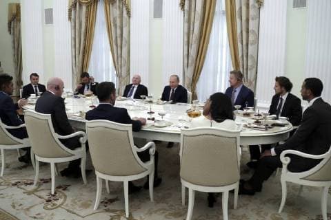 MOSCOW, RUSSIA â€“ JULY 6, 2018: Russia s President Vladimir Putin (C) meets with football star at the Moscow Kremlin. Mikhail Metzel TASS  TS08821A