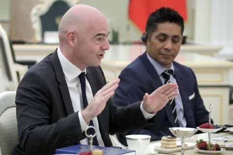 MOSCOW, RUSSIA â€“ JULY 6, 2018: FIFA President Gianni Infantino (L) and retired Mexican footballer Jorge Campos Navarrete at a meeting of Russian President Vladimir Putin with football stars at the Moscow Kremlin. Mikhail Metzel TASS  TS088222