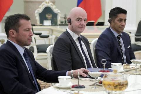 MOSCOW, RUSSIA â€“ JULY 6, 2018: Former German footballer Lothar Matthaus, FIFA President Gianni Infantino, and retired Mexican footballer Jorge Campos Navarrete (L-R) at a meeting of Russian President Vladimir Putin with football stars at the Moscow Kremlin. Mikhail Metzel TASS  TS088223