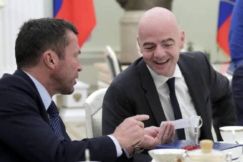 MOSCOW, RUSSIA â€“ JULY 6, 2018: Former German footballer Lothar Matthaus (L) and FIFA President Gianni Infantino at a meeting of Russian President Vladimir Putin with football stars at the Moscow Kremlin. Mikhail Metzel TASS  TS08823A