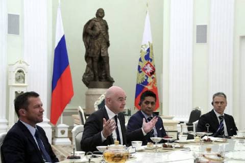 MOSCOW, RUSSIA â€“ JULY 6, 2018: Former German footballer Lothar Matthaus, FIFA President Gianni Infantino, retired Mexican footballer Jorge Campos Navarrete, and retired Dutch footballer Marcel Marco van Basten (L-R) at a meeting of Russian President Vladimir Putin with football stars at the Moscow Kremlin. Mikhail Metzel TASS  TS088241