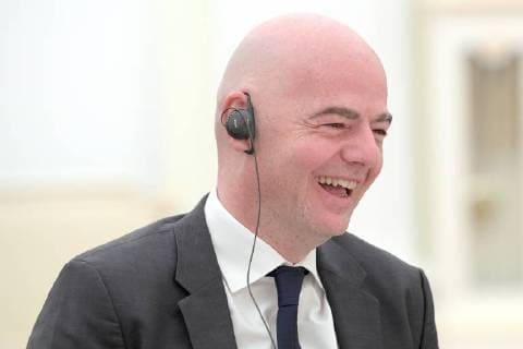 MOSCOW, RUSSIA â€“ JULY 6, 2018: FIFA President Gianni Infantino smiles at a meeting of Russian President Vladimir Putin with football stars at the Moscow Kremlin. Alexei Druzhinin Russian Presidential Press and Information Office TASS  TS088266