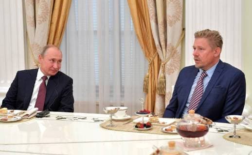 July 6, 2018. - Russia, Moscow. - Russian President Vladimir Putin during a meeting with world football legends. Danish footballer Peter Schmeichel (right). KremlinxPool 