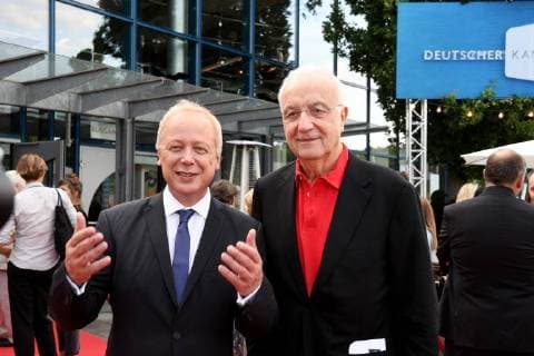 WDR director Tom Buhrow and former WDR director Fritz Pleitgen l r are posing on 07 07 2018 in Cologne during a photo session to award the 28 German Camera Prize in Cologne