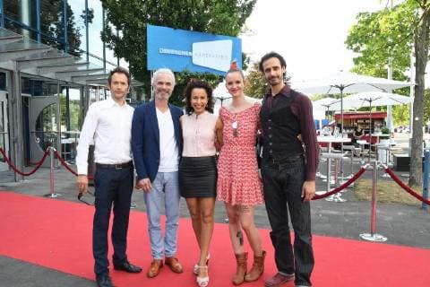 The Lindenstrasse actor Joris Gratwohl l Moritz Zielke Dunja Dogmani Cosima Viola and Valentin Schreyer pose on 07 07 2018 in Cologne during a photo session to award the 28 German Camera Prize in Cologne