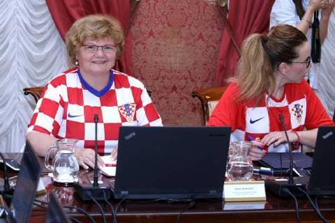 Croatian government in jerseys 12.07.2018. Zagreb, Croatia - Prime minister Andrej Plenkovic and other ministers during session of the government of the republic of Croatia dressed in Croatian national football team jersey after winning the match against England in semi-finals in Russia.  PatrikxMacek PIXSELL