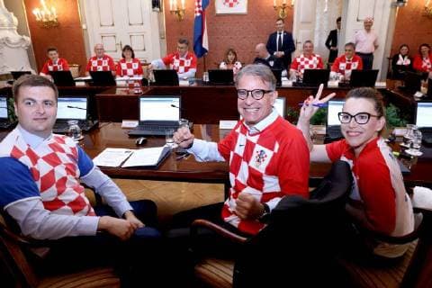 Croatian government in jerseys 12.07.2018. Zagreb, Croatia - Prime minister Andrej Plenkovic and other ministers during session of the government of the republic of Croatia dressed in Croatian national football team jersey after winning the match against England in semi-finals in Russia.  PatrikxMacek PIXSELL