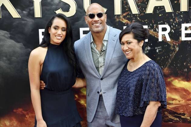 Dwayne Johnson with his mother Ata Johnson and daughter Simone Garcia Johnson at the Skyscraper Film Premiere on 10 07 2018 in New York City Skyscraper Film Premiere in New York City in 2018