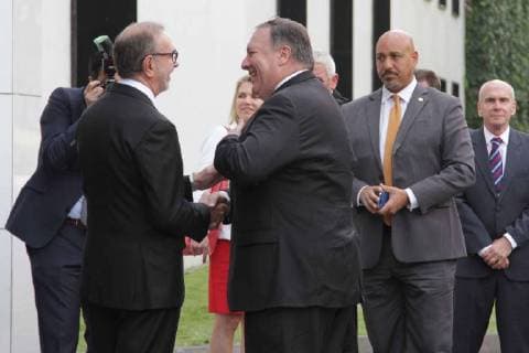 July 13, 2018 - EUM20180713NAC04.JPG.CIUDAD DE MEXICO, Meeting Reunion-Mexico-Pompeo.- El secretario de Estado de Estados Unidos, Mike Pompeo (corbata azul), es recibido por Carlos Manuel Sada, Subsecretario para America del Norte, en su llegada a Los Pinos, previo a una reunion con el presidente de la Republica, Enrique Pena Nieto. . Foto: Agencia EL UNIVERSAL Carlos Mejia MAR.  - ZUMAu78_ 20180713_zaf_u78_007 Copyright: xCarlosxMejia ElxUniversalx