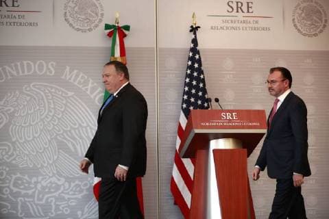 The Secretary of Foreign Affairs of Mexico, Luis Videgaray (R), and the US Secretary of State, Mike Pompeo (L), offer a joint press conference at the headquarters of the Mexican chancellery, in Mexico City, Mexico, 13 July 2018. A delegation headed by Pompeo visits Mexico on Friday to meet with current President Enrique Pena Nieto and future President Andres Manuel Lopez Obrador, in what is the first face-to-face approach of a leftist leader with the United States Government. US delegation headed by Pompeo visits Mexico !ACHTUNG: NUR REDAKTIONELLE NUTZUNG!  Copyright: xJosexMendezx CMX01 20180713-636671202747235444