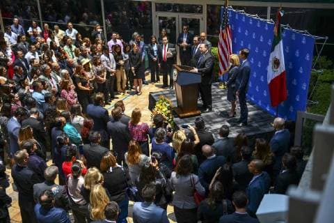 July 13, 2018 - Mexico City, DF, Mexico - U.S. Secretary of State Mike Pompeo, center, addresses staff at the U.S. Embassy Mexico City July 13, 2018 in Mexico City, Mexico. Standing with Pompeo is Treasury Steven Mnuchin, left, Homeland Security Secretary Kirstjen Nielsen, center, and the presidents son-in-law Jared Kushner. Mexico City Mexico - ZUMAp138 20180713_zaa_p138_011 Copyright: xStatexDepartmentx