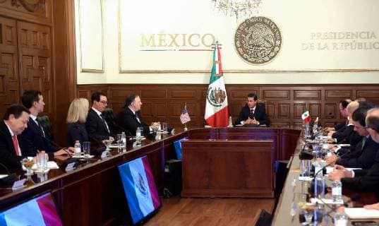 July 13, 2018 - Mexico City, Mexico - Mexican President Enrique Pena Nieto, center, during talks with U.S Secretary of State Mike Pompeo, left, and the American delegation at the National Palace July 13, 2018 in Mexico City, Mexico. Sitting on the left side are: President Trumps son-in-law Jared Kushner, Homeland Security Secretary Kirstjen Nielsen, center, Treasury Steven Mnuchin and Secretary of State Mike Pompeo. Mexico City Mexico - ZUMAp138 20180713_zaa_p138_012 Copyright: xPresidenciamxx