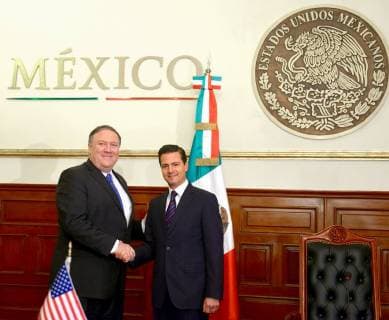 (180714) -- MEXICO CITY, July 14, 2018 -- Photo provided by Mexico s Presidency shows sitting Mexican President Enrique Pena Nieto (R) shaking hands with U.S. Secretary of State Mike Pompeo during their meeting in Mexico City, capital of Mexico, on July 13, 2018. Mexico s Presidency) (cr) (da) MEXICO-MEXICO CITY-U.S.-VISIT MEXICANxPRESIDENCY 
